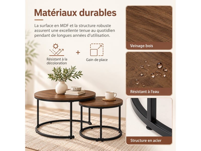  Lot de 2 tables gigognes rondes noyer et noir en mdf et métal, ø 50 x h 70,5 cm et ø 45,5 x h 44 cm  - Conforama D