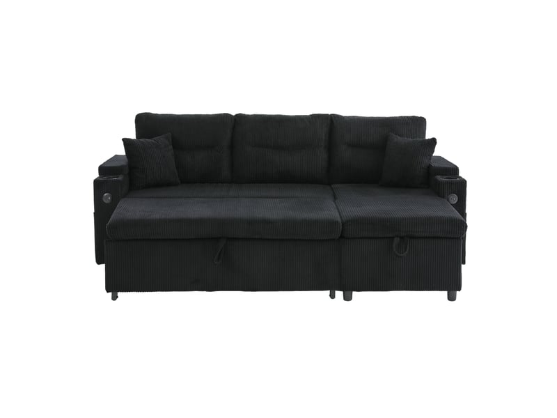 Canapé convertible tcqpz 3 places avec méridienne coffre, lit coulissant, usb-c et porte-gobelets en velours côtelé noir 212,5 x 136 x 86 cm  - Conforama A