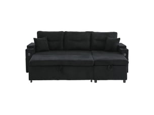 Canapé convertible tcqpz 3 places avec méridienne coffre, lit coulissant, usb-c et porte-gobelets en velours côtelé noir 212,5 x 136 x 86 cm