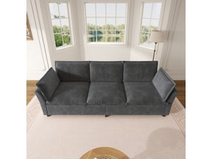 Canapé droit 3 places avec coussins d'accoudoir, assise à ressorts ensachés et tissu chenille gris, 220 × 81 × 87 cm
