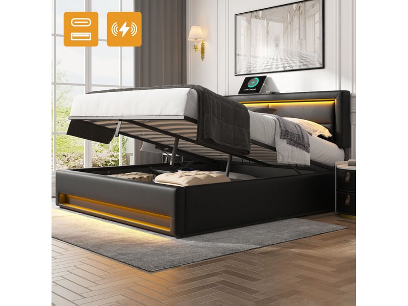  Modenvie lit coffre rembourré 140x190 cm - usb, charge sans fil et éclairage led, sans matelas - noir  - Conforama D