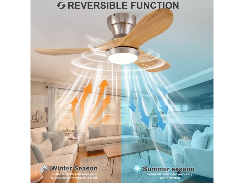 Ventilateur de plafond 90 cm sans éclairage 3 pales bois massif naturel réversible 6 vitesses télécommande silencieux  - Conforama C