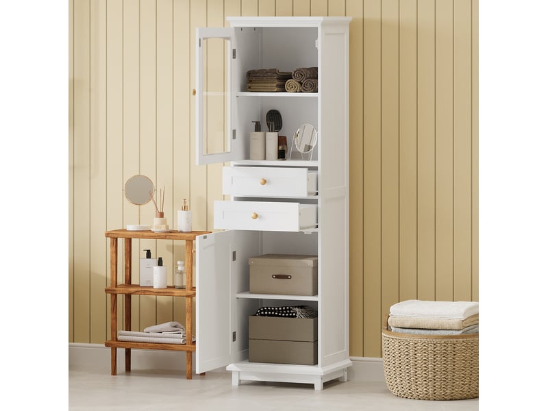  Colonne salle de bain 45x36x160 cm, portes verre, 2 tiroirs, poignées dorées, design moderne, en mdf, blanc  - Conforama B