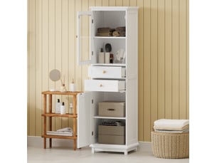 Colonne salle de bain 45x36x160 cm, portes verre, 2 tiroirs, poignées dorées, design moderne, en mdf, blanc