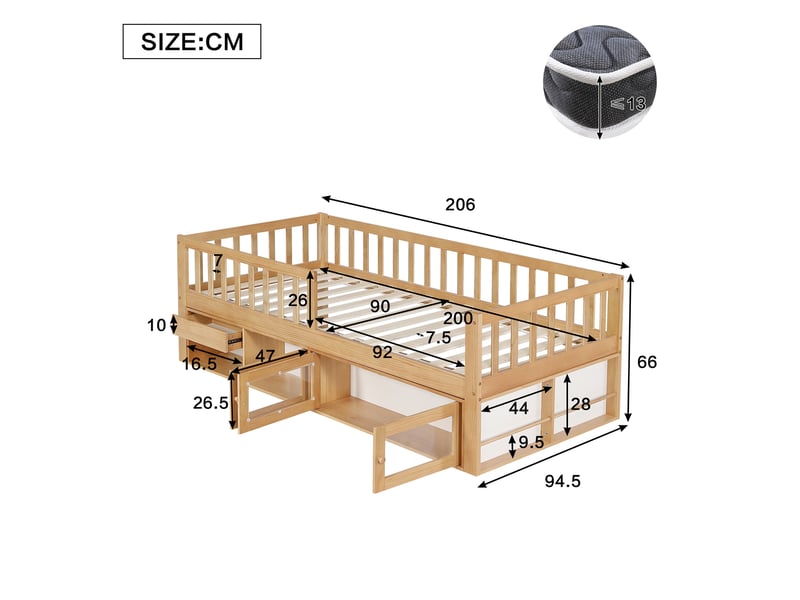  Lit enfant avec rangement 90x200 cm, barrières de sécurité, tiroir, armoire 2 portes et sommier à lattes, bois massif, naturel Sol Morn - Conforama C