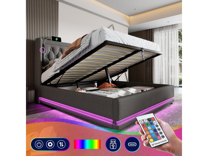  Lit coffre 140x200 cm gris coton - tête de lit rembourrée, led et ports usb-c, sans matelas  - Conforama D