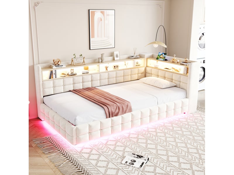  Lit banquette enfant 90x200 cm, gain de place, lit avec rangement, prises usb, éclairage led, en mdf, finition velours beige, sans matelas  - Conforama D