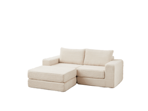 Canapé convertible modulable 2 en 1 en velours côtelé, pouf amovible et utilisable séparément, accoudoirs carrés classiques, 2 coussins inclus beige