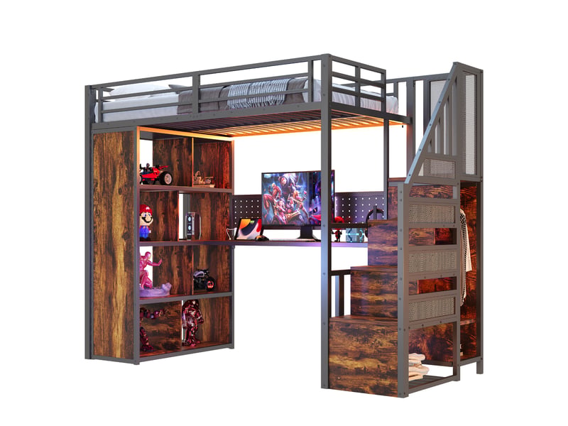 Lit mezzanine lit enfant simple 90x200 cm avec escalier rangement, bureau, penderie, avec led, métal, noir sans matelas - Conforama E