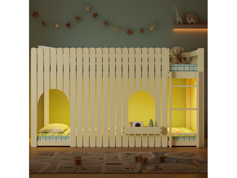 Lit mezzanine enfant simple 90x200 cm, led et échelle 3 marches, style contemporain, bois et mdf, naturel sans matelas  - Conforama B