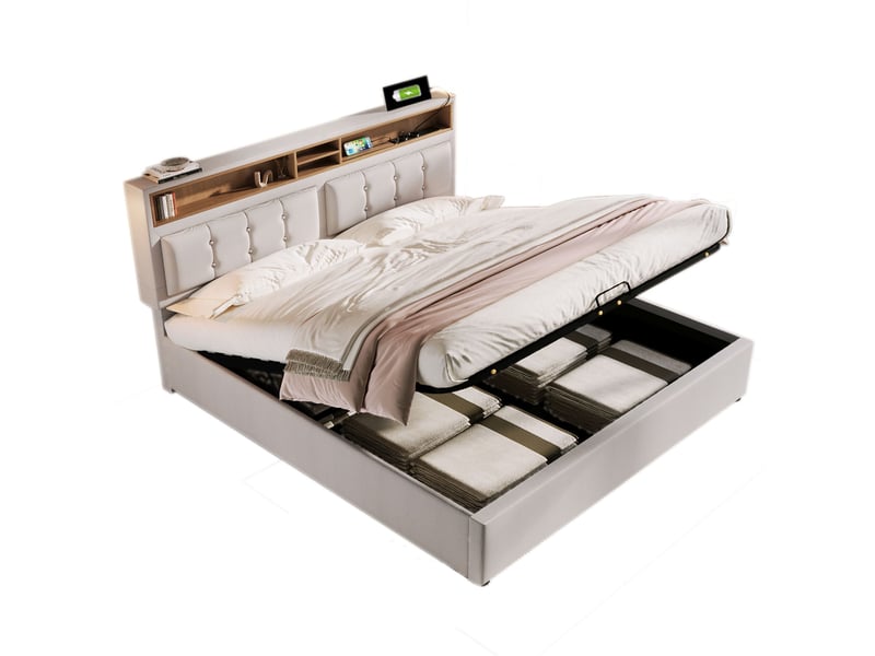  Lit coffre hydraulique 160x200 cm rembourré avec tête de lit rangement-usb et type-c-sommier à lattes en lin  - Conforama A