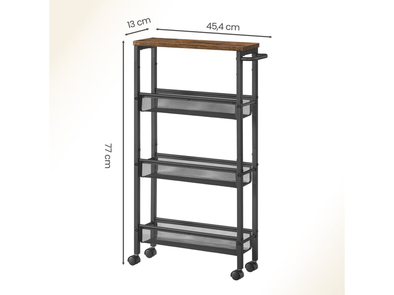  Chariot roulant étroit à 4 niveaux, desserte de rangement, chariot mince avec poignée, pour cuisine, salle à manger, salon, bureau à domicile, marron et noir  - Conforama D