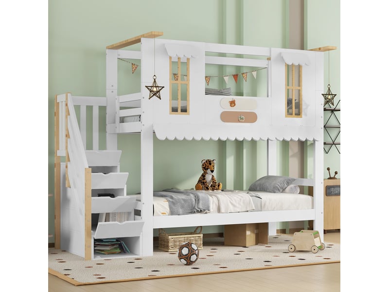  Lit superposé enfant 90 x 200 cm blanc et naturel avec escalier de rangement  - Conforama C