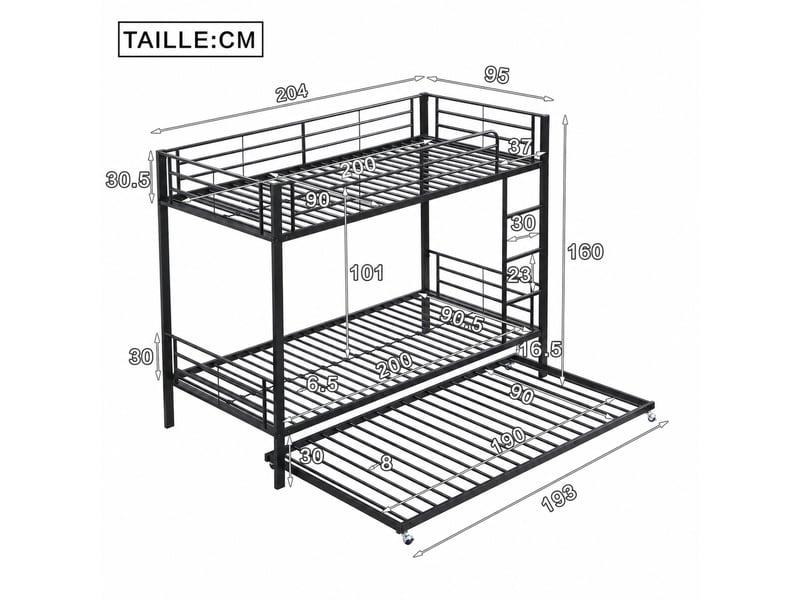 Lit superposé, lit 3 places en métal avec 4 barrières et couchage coulissant, 90x200 et 90x190 cm, sans matelas - Conforama D