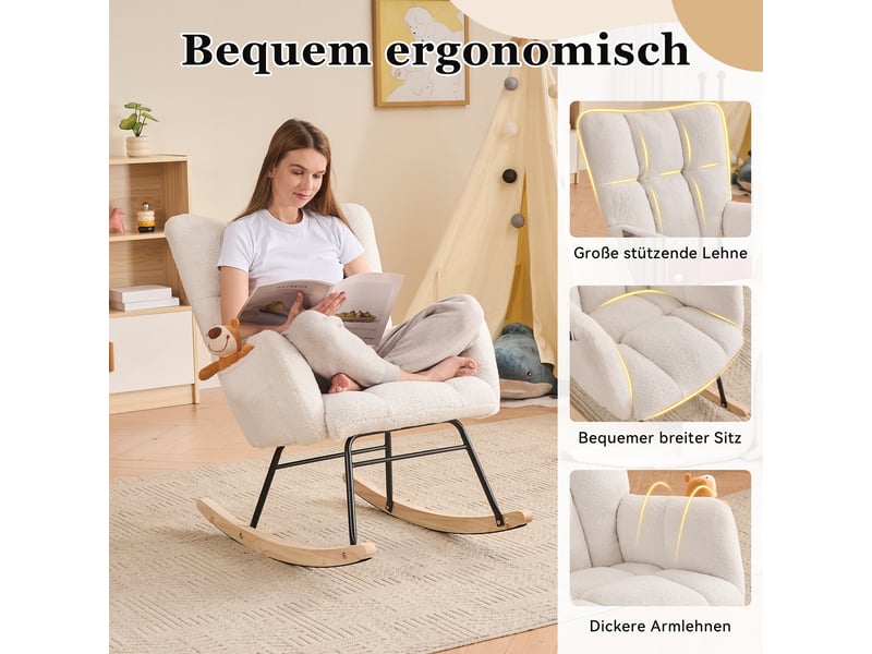 Fauteuil à bascule mid-century en tissu teddy capitonné, démontable, blanc - Conforama B