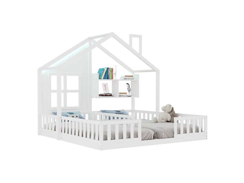  Lit enfant double maison 90x200 cm, rangement, barrières de sécurité, bois, coloris blanc, éclairage led, design moderne, sans matelas  - Conforama E