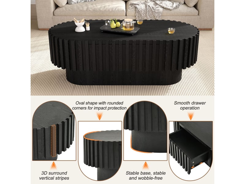  Table basse avec rangement 100 x 50 x 35 cm tiroir table de salon forme ovale à lamelles verticales en bois structure stable charge maximale 20 kg noir  - Conforama D