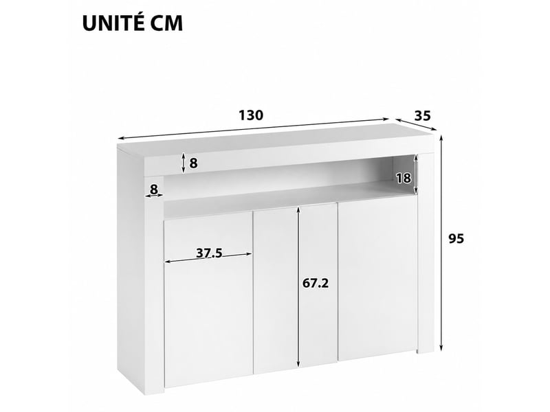 Buffet haut led blanc à 3 portes – 130 x 35 x 95 cm – éclairage usb contrôlé par application - Conforama D