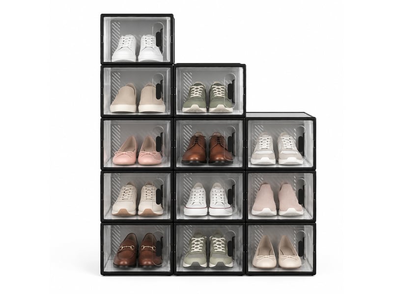  Meuble de rangement modulaire, avec 12 niches et boîtes à chaussures empilables, transparentes, pour chambre, 25×18.5×35.5 cm  - Conforama A