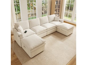 Canapé panoramique modulable 277 cm 6 places en ul avec 2 poufs coffres mobiles, assise à ressorts ensachés, usbtype-c, tissu coton-lin, beige