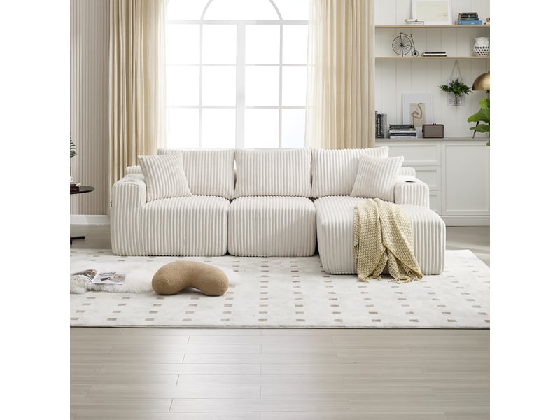  Canapé modulaire avec méridienne en velours côtelé 257x160x62 cm - 5 coussins et porte-gobelets  - Conforama B