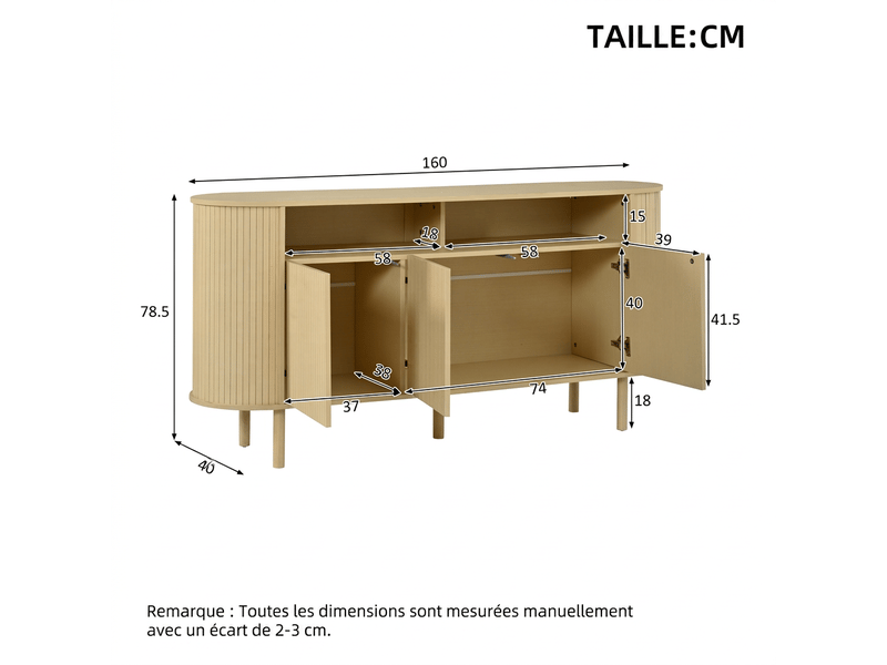  Buffet 160 cm meuble de rangement 3 portes avec étagères ouvertes - pieds en bois massif 75kg  - Conforama C
