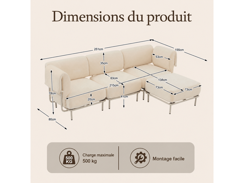  Canapé d’angle modulable 3 places 251x155x78 cm, avec pouf repose-pieds indépendant, style scandinave, en chenille beige  - Conforama D