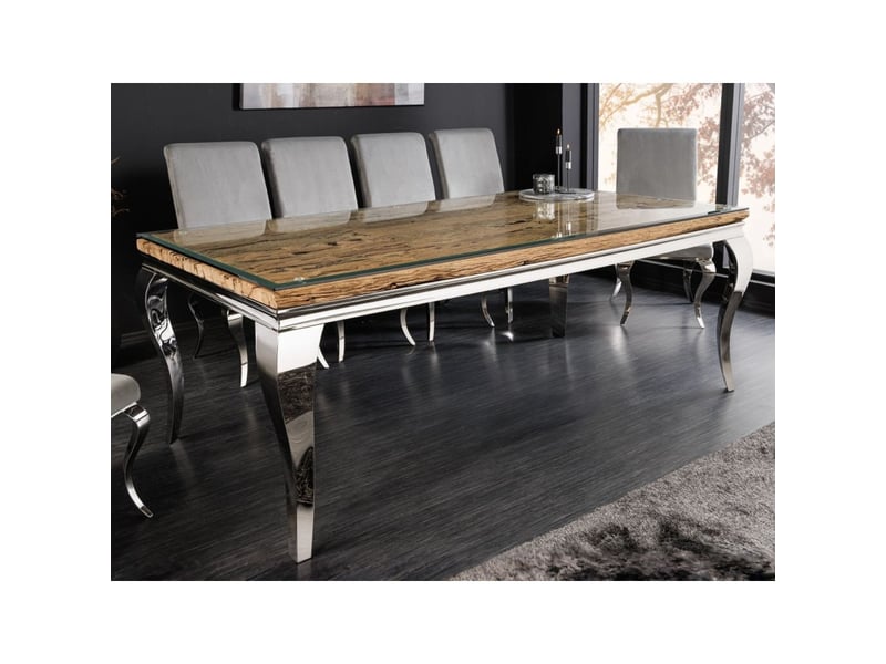 Table de salle à manger velena – rectangulaire 200 cm – bois de teck, verre et acier argenté – style baroque chic - Conforama B