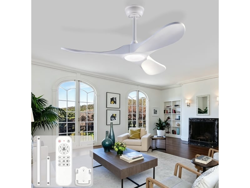  Ventilateur de plafond 42 pouces avec lumière led et télécommande, 3 pales en bois blanc, 6 vitesses, réversible  - Conforama B