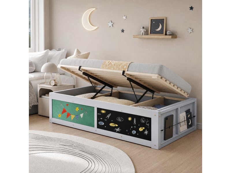  Lit enfant 90 x 200 cm avec rangement hydraulique, tableau, étagère et sommier gris  - Conforama B