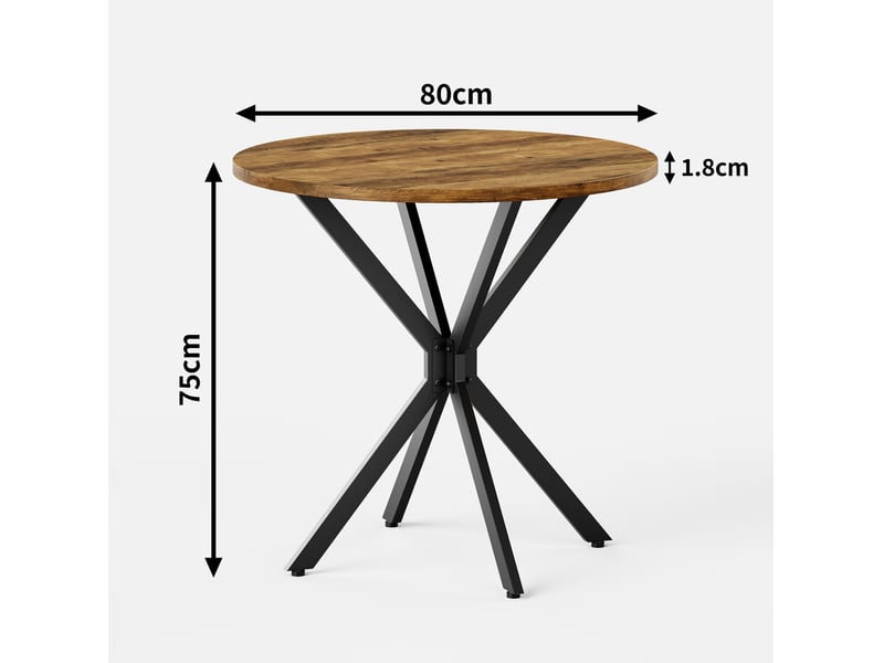  Elvmi table ronde style campagne pour 2 personnes plateau aspect chene retro brun pieds croises noirs en acier stable avec pieds reglables pour cuisine salle a manger salon et bureau a domicile 80 x 80 x 75 cm  - Conforama C
