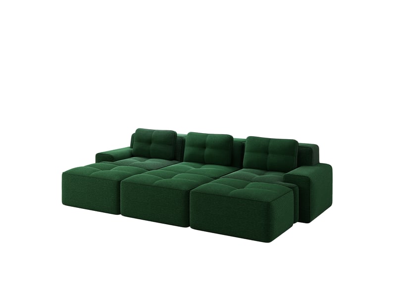  Canapé d'angle modulable ulevr 3 places avec fonction couchage, 3 poufs, velours côtelé vert, 293 x 177 x 69 cm  - Conforama A