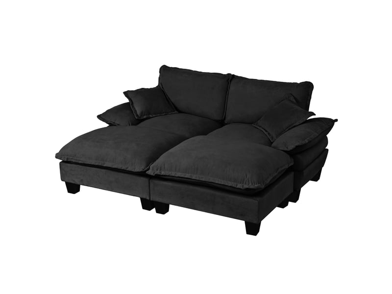  Canapé d'angle modulable 4 places noir en chenille avec 2 poufs mobiles et 2 coussins  - Conforama A