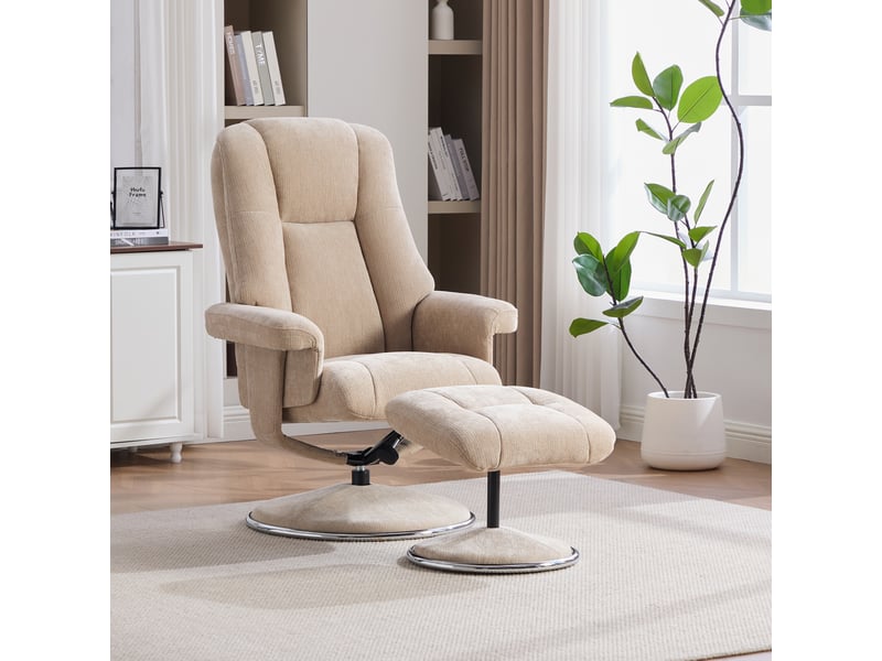  Fauteuil relax avec repose-pieds en tissu chenille beige, dossier inclinable à 145 degrés, pivotant à 360 degrés pour salon  - Conforama B