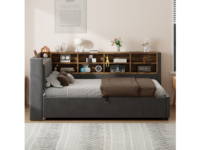  Lit 90x200 cm avec rangement hydraulique, tête de lit fonctionnelle, mdf et métal couleur gris foncé sans matelas  - Conforama B