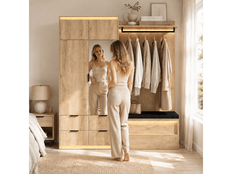  Vestiaire d'entrée complet avec éclairage led, miroir et banc, 180x47x200 cm, mdf, chêne et anthracite  - Conforama D