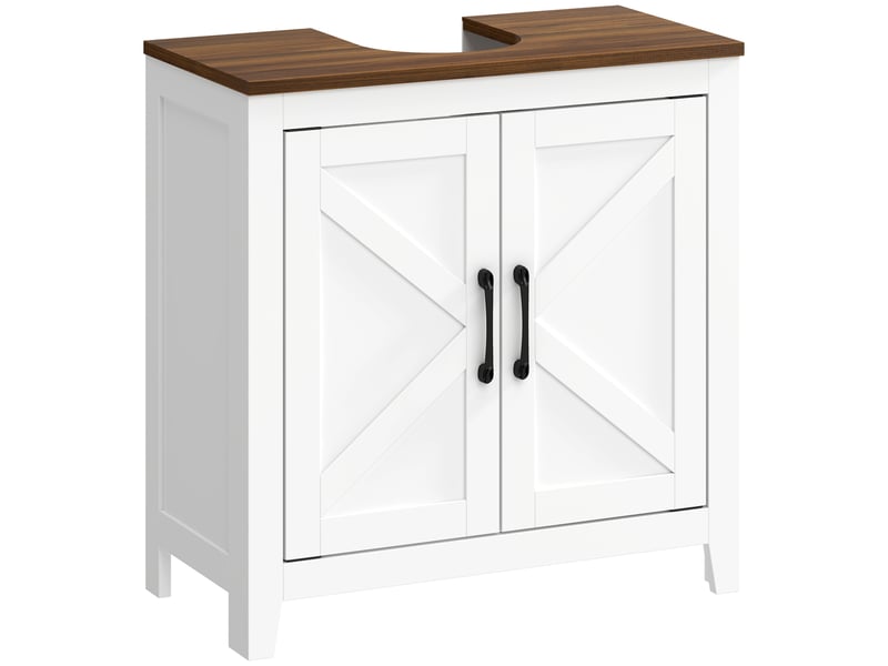  Meuble sous lavabo, meuble de salle de bain moderne avec 2 portes de grange et étagère réglable, blanc  - Conforama A