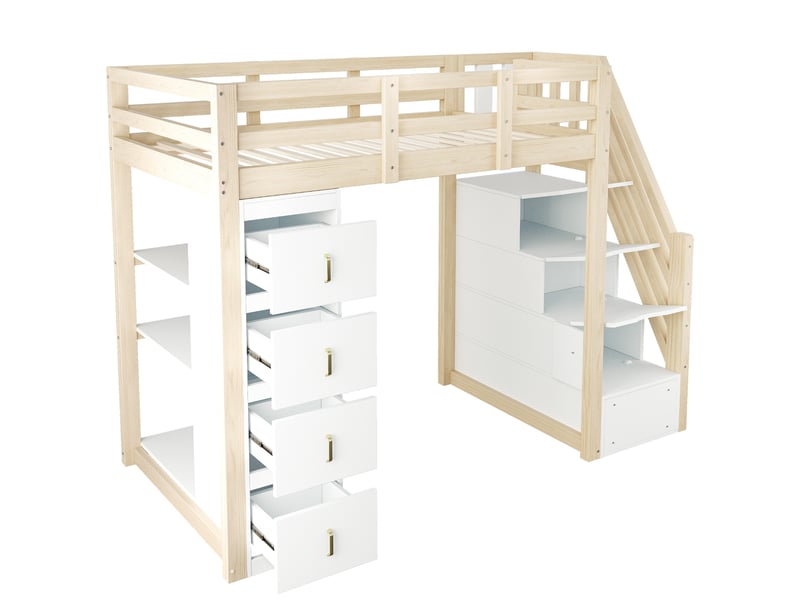  Lit mezzanine 90x200 cm avec tiroirs, escalier de rangement, bois naturel sans matelas  - Conforama A