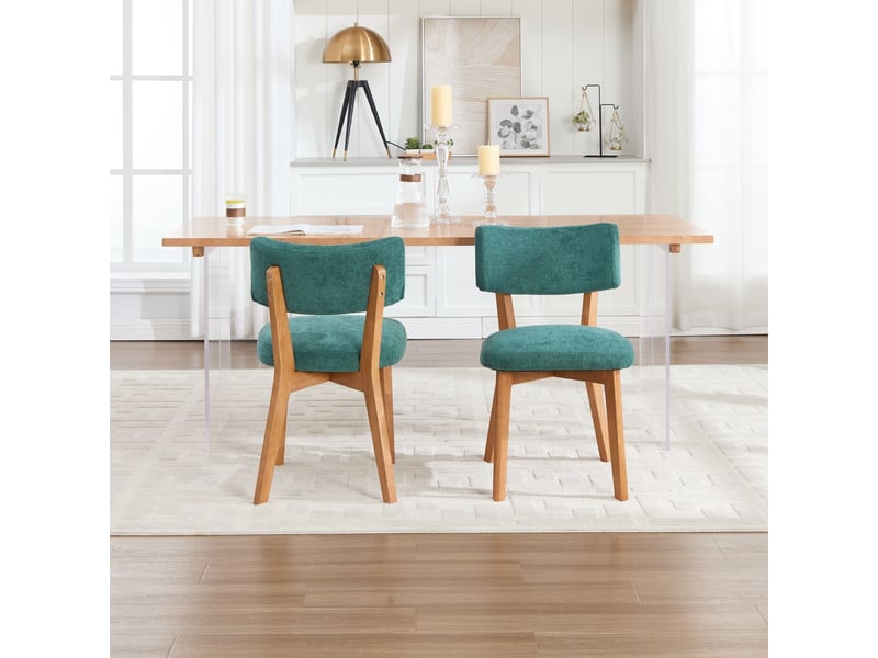  Chaise de salle à manger style mid-century moderne chaise de cuisine assise rembourrée pieds en bois massif revêtement en lin vert  - Conforama B