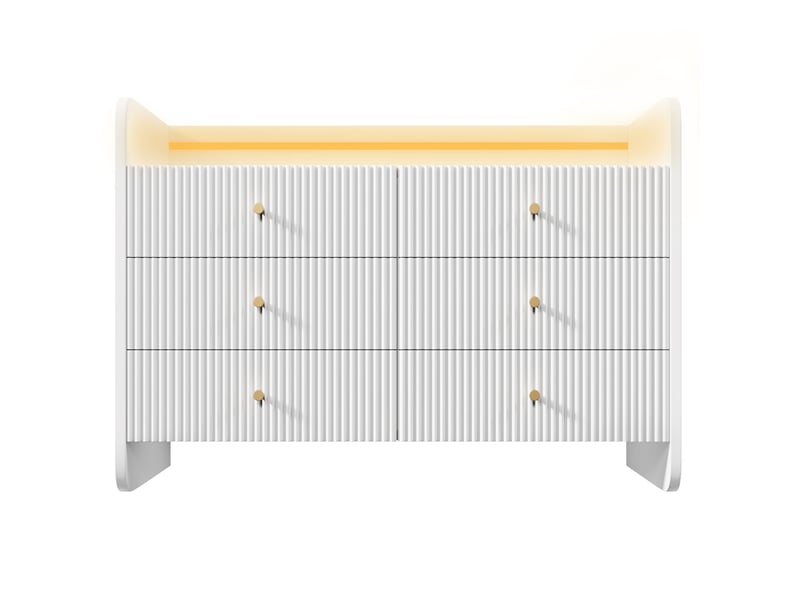  Commode blanche 120x40x75 cm en aggloméré et métal, 6 tiroirs, niche ouverte, façades ondulées et éclairage led réglable  - Conforama A