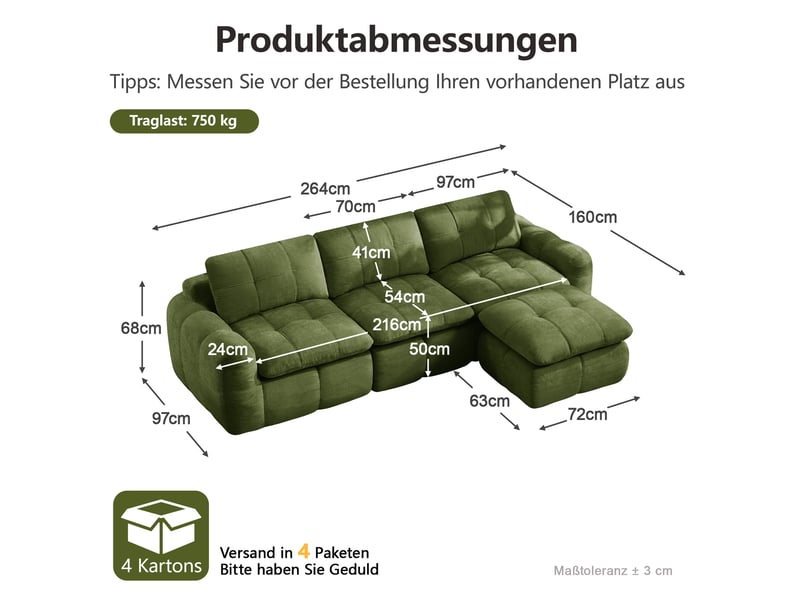Canapé d'angle modulaire 3 places avec pouf, sans cadre et mousse haute densité, en chenille vert, 264 × 160 × 68 cm - Conforama C