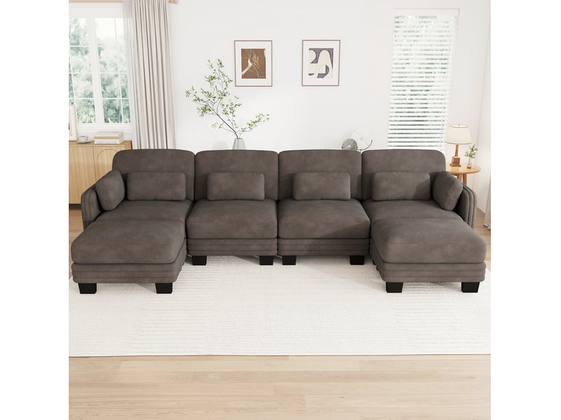  Canapé d'angle modulaire 4 places avec 2 ottomans en chenille marron 330x143x88 cm  - Conforama B