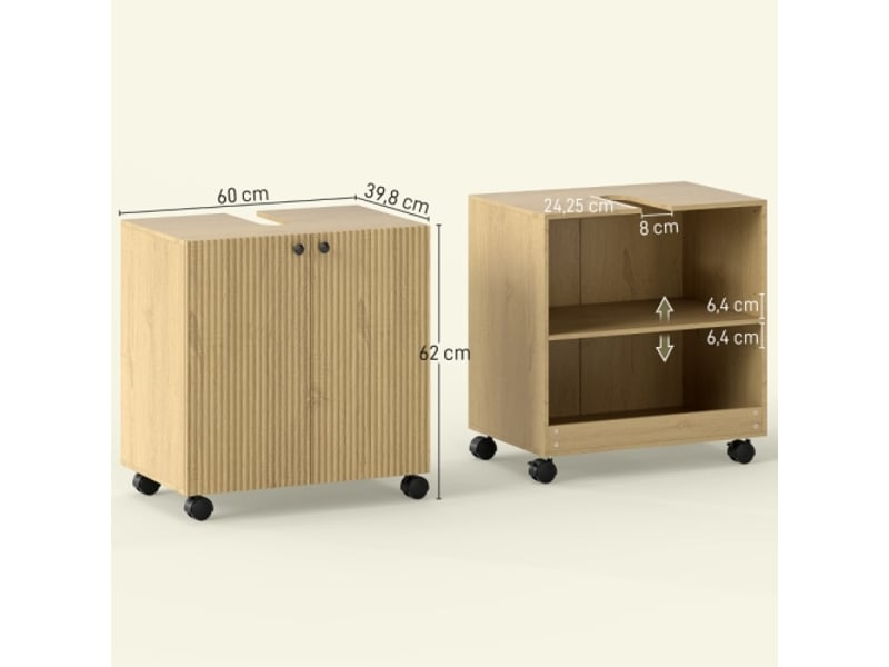  Meuble sous lavabo en bois avec rangement à 3 niveaux et roulettes, pour salle de bains  - Conforama C
