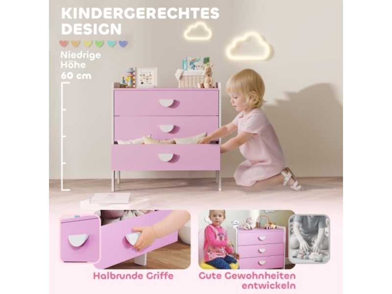  Commode enfant roseblanc, 3 tiroirs en mdf, meuble de rangement pour chambre enfant  - Conforama D