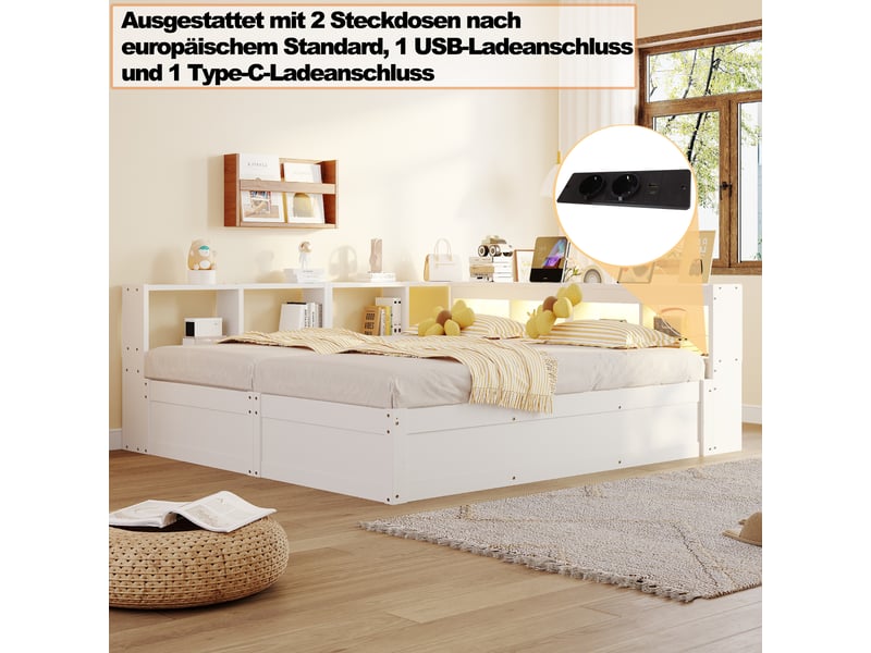  Canapé-lit 90180x200 cm, lit enfant, couchage d'appoint, rangement hydraulique, led, bois blanc, prise intégrée  - Conforama W