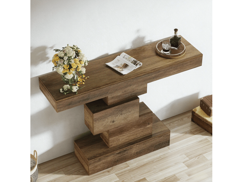  Table console 108x30x80 cm avec piètement géométrique, panneau de particules, bois clair  - Conforama E