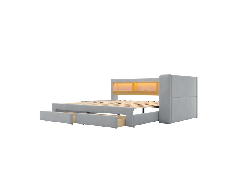 Lit banquette 90x200 cm – gris – gigogne 180x200 cm, rangements, led et prise intégrés – sans matelas - Conforama E