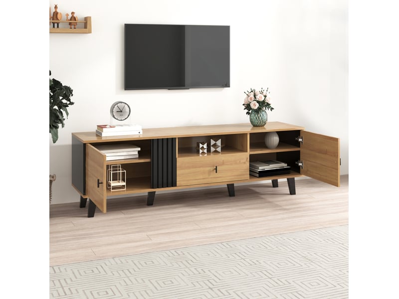  Meuble tv modenvie 170 x 40 x 50,5 cm 2 portes 1 tiroir noir et décor bois  - Conforama D