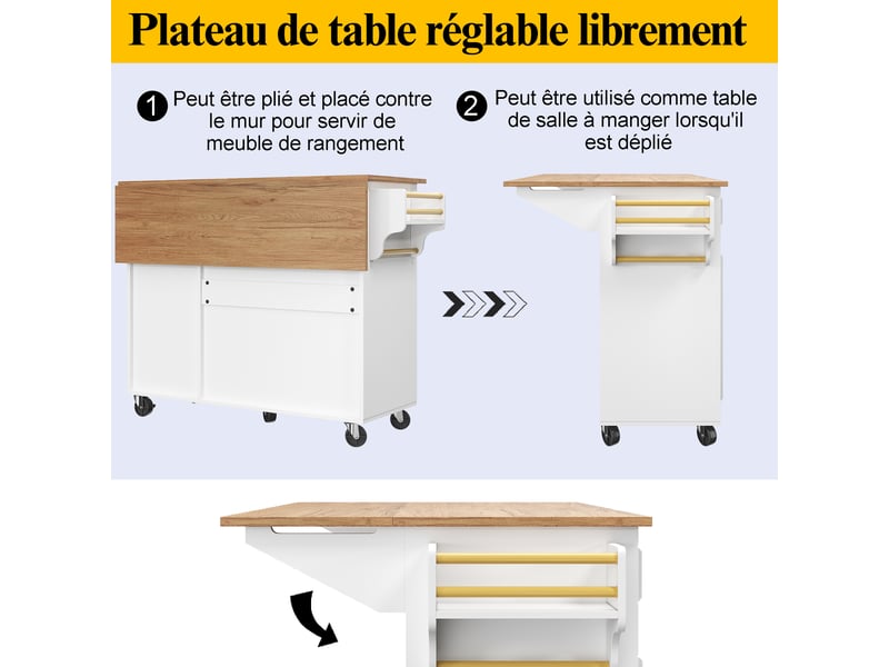 Îlot de cuisine multifonction 110x75x92 cm avec tablette pliante extensible et compartiments réglables, mdf, blanc - Conforama E