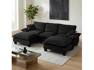 Canapé d'angle modulaire u 264x155x90 cm, 5 places, deux poufs mobiles, 2 coussins, chenille, noir